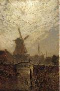 Walter Moras, A figure crossing a bridge over a Dutch waterway by moonlight